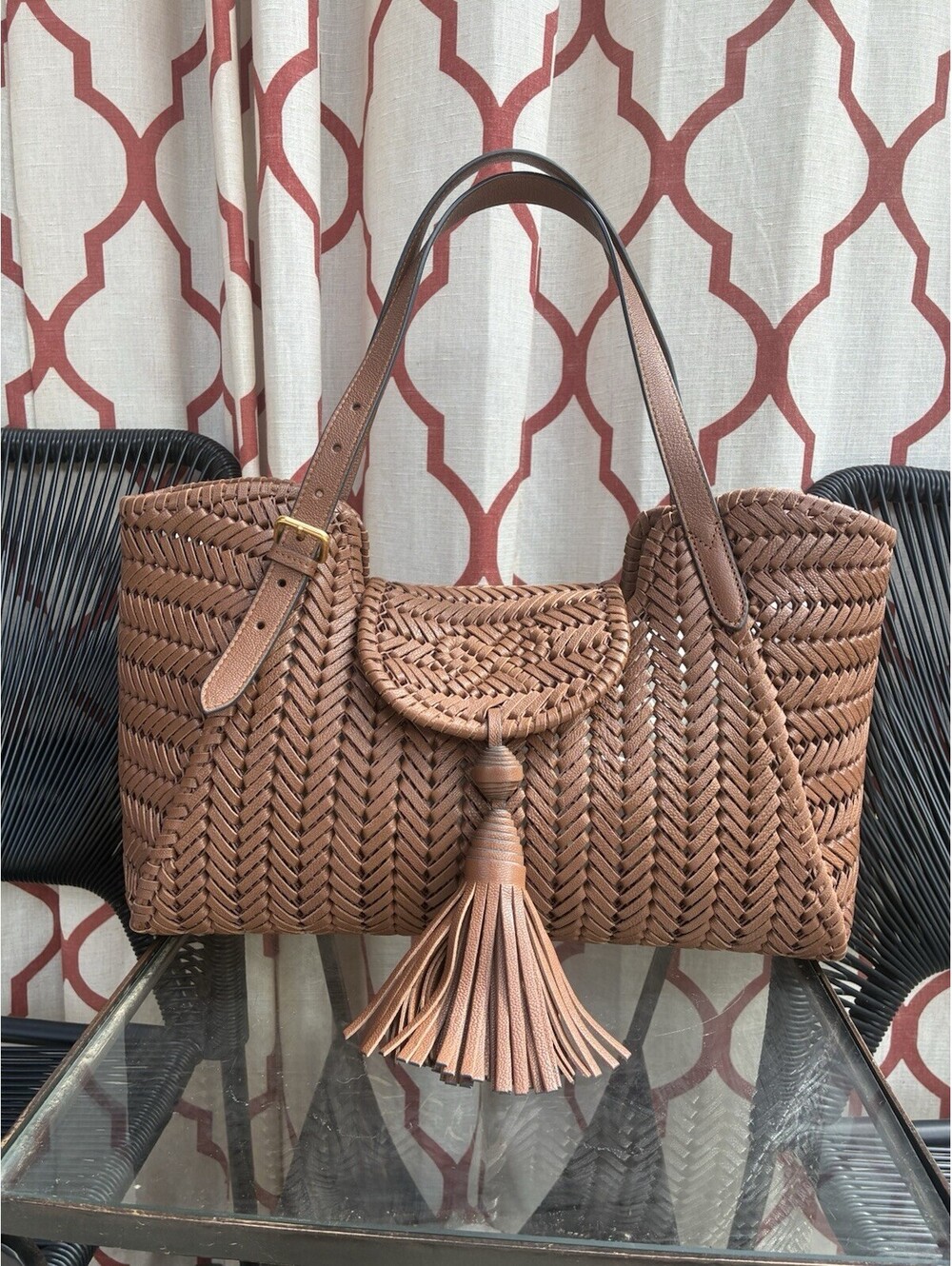 Anya Hindmarch Brown Neeson Tassel Tote Woven Leather Large Tote Shoulder Bag